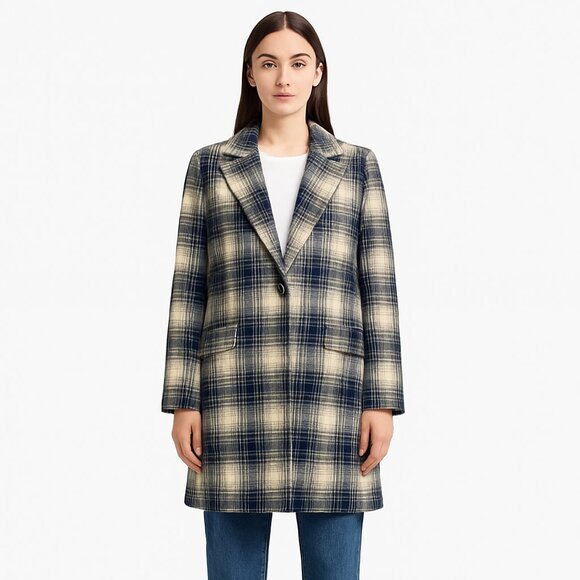 Potter's Pot Navy and Cream Plaid Trench Coat - Picture 1 of 6